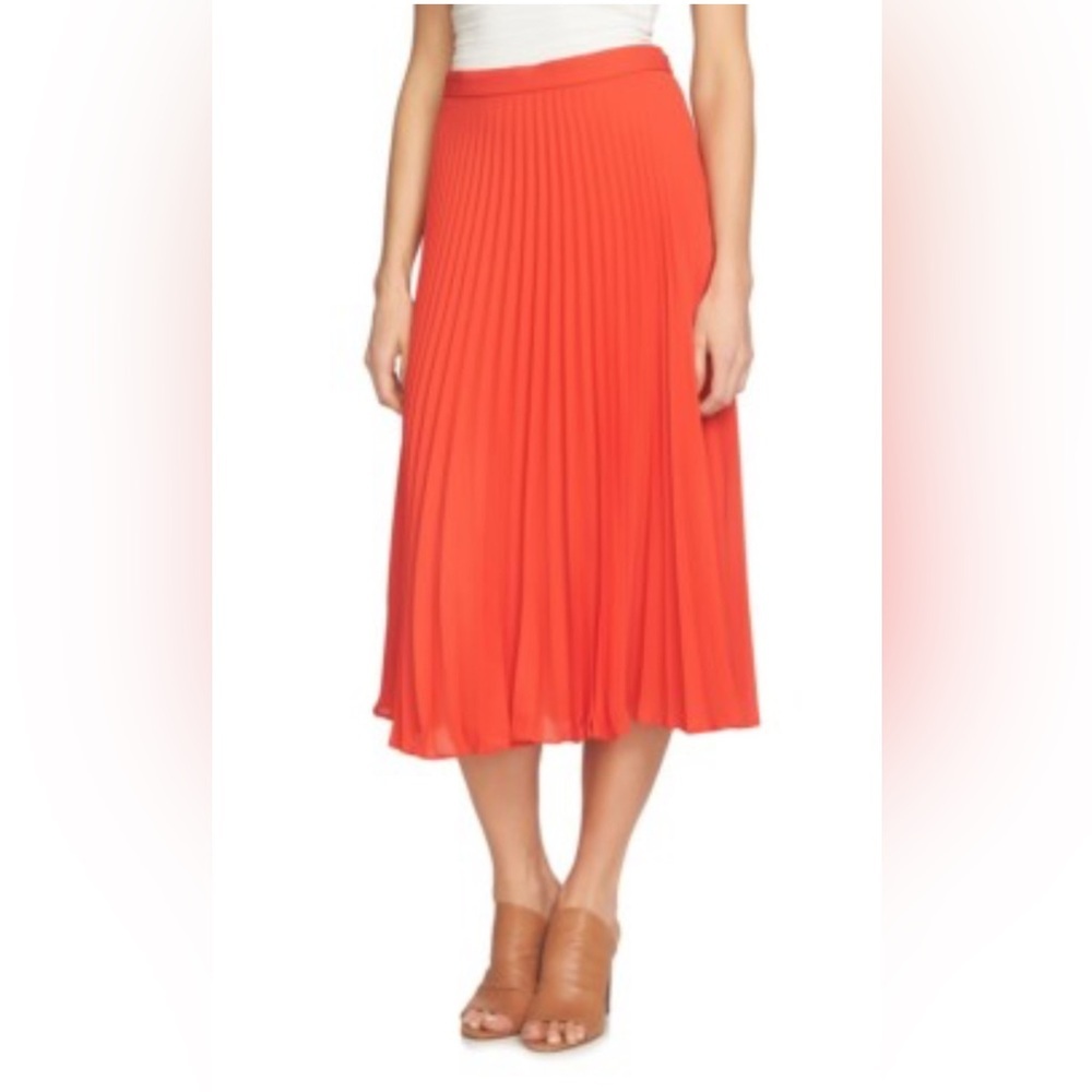 1. State Coral Red Pleated Midi Skirt Size 10 Classic Modern Feminine Elegant